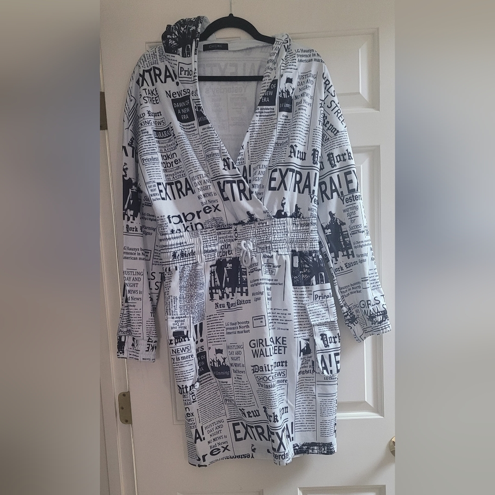 Newspaper-Print V-Neck Mini Dress in Black & White